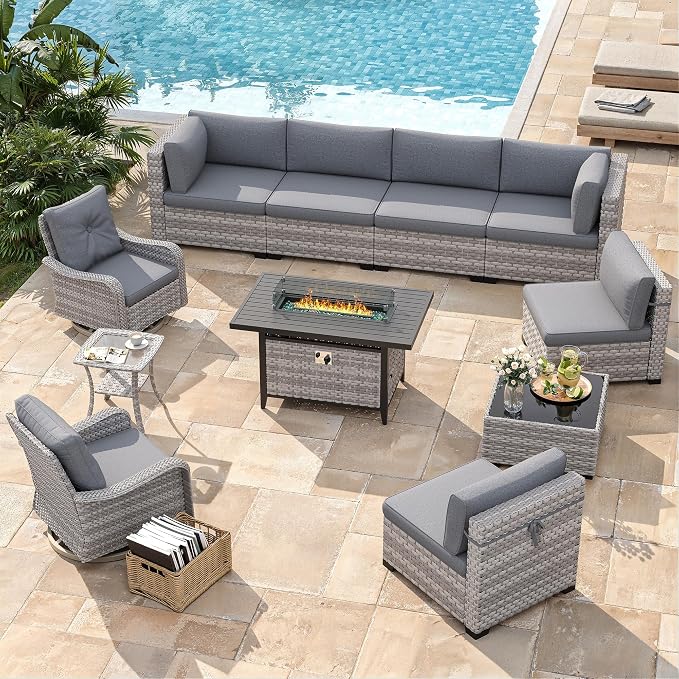 8-Seat Outdoor Wicker Patio Furniture Set with Fire Pit Table, Modular Rattan Sectional Sofa & 2 Swivel Rocking Chairs, 4" Thick Cushions, Rust-Resistant Frame,Gray