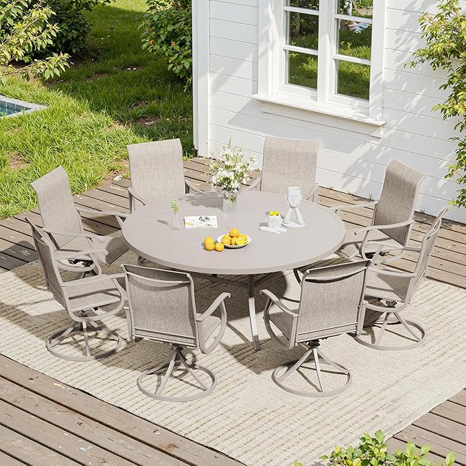 VICLLAX 9 Pieces Outdoor Dining Set, Patio Furniture Set of 8 Patio Swivel Dining Chairs and 60" Patio Round Table, Sandshell Chairs & Sandshell Tabletop