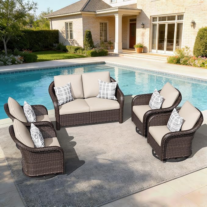 5 PCS Outdoor Conversation Set | 55" Couch, 4 Swivel Chairs, Patio Wicker Conversation Furniture with Removable Cushions for Bistro, Deck, Sunroom (Beige)