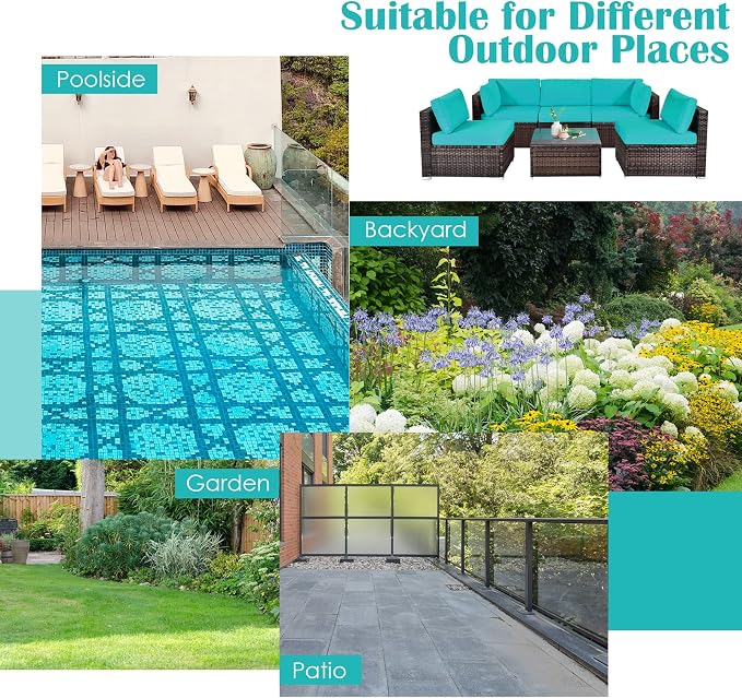 DORTALA 6 Pieces Patio Furniture Set, Outdoor Wicker Conversation Set with Glass Coffee Table, Wicker Sofa Set with Back & Seat Cushions, Rattan Sectional Conversation Couch Set, Turquoise