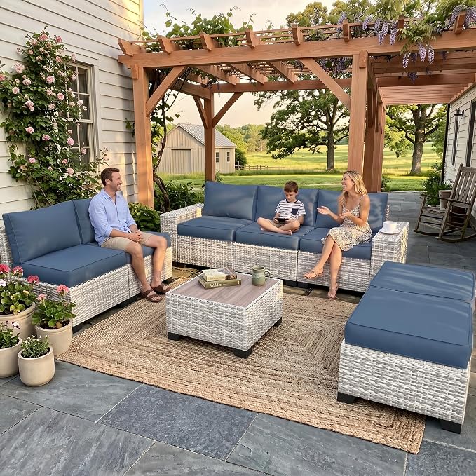 8-Piece Outdoor Patio Furniture Set Wicker Rattan Sectional Sofa Set with Ottomans, Patio Conversation Set with Thickened Cushions & Coffee Table for Garden, Backyard, Navy Blue