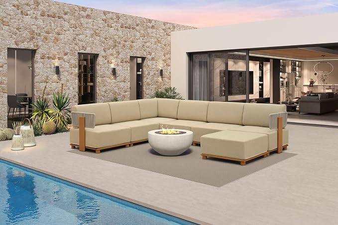 PURPLE LEAF Patio Furniture Set Modular U-Shaped Outdoor Sectional Sofa with 11" Thick Olefin Cushion 7-Piece Outdoor Conversation Set with Ottoman & White Lights for Backyard Garden Poolside, Beige