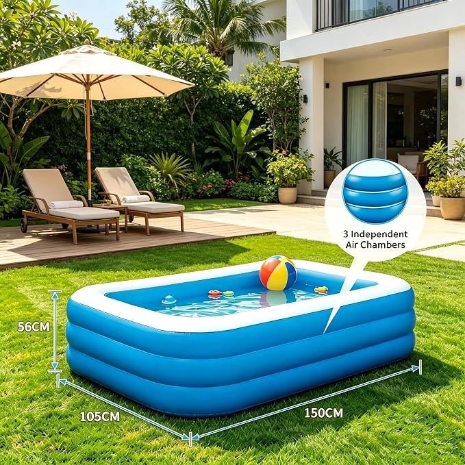 Inflatable Swimming Pool, 59" 41" 22"(150cm105cm56cm) Kiddie Pool, Large Thick Blow Up Pool, Leakproof Family Splash Pool, Fast Inflation Foldable Pool for Backyard Patio, Adults, Kids & Pets