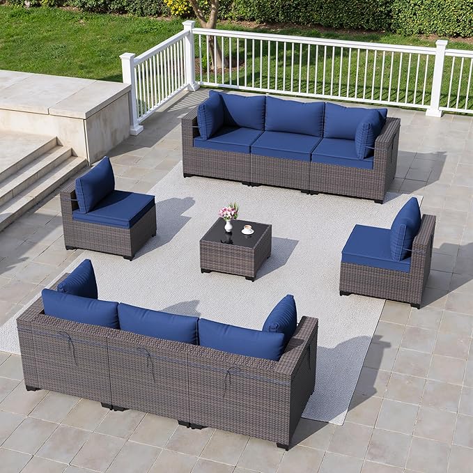 9 Pieces Outdoor Sectional Furniture All Weather PE Rattan Wicker Patio Conversation Set with Coffee Table and 8 Thickened Cushions,Navy Blue