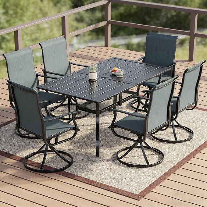 SUNCROWN 7-Piece Outdoor Patio Dining Set, All Weather Rectangular Metal Table & 6 Dark Grey Swivel Textilene Mesh Chairs, Weather Resistant Patio Furniture for Deck Lawn Garden Backyard Poolside