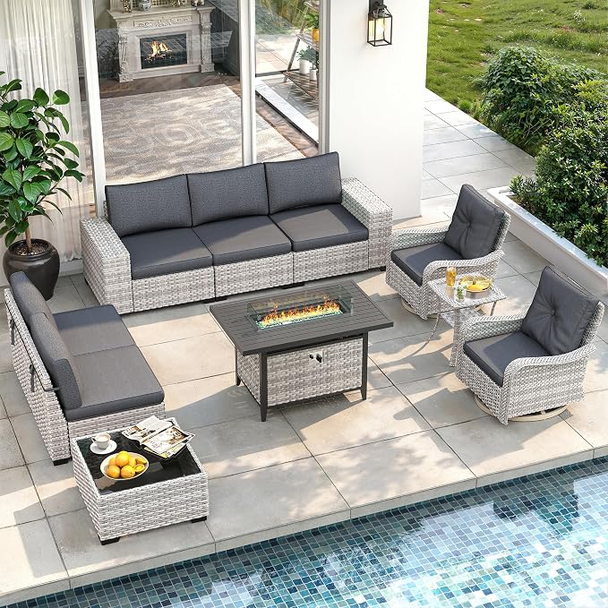 10 Piece Outdoor Wicker Patio Set with Swivel Chairs & Fire Pit Table, 7-Seats with 4" Thickened Cushions & Coffee Table, All-Weather PE Rattan for Garden, Backyard, Charcoal Gray