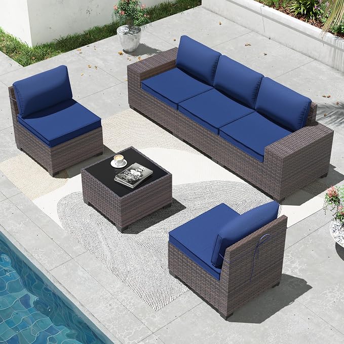 6 Pieces Patio Furniture Sets with Glass Tea Table,PE Rattan Wicker Patio Conversation Set with Washable Cushions,Outdoor Patio Sectional Furniture Set for Backyard, Poolside, Garden,Navy
