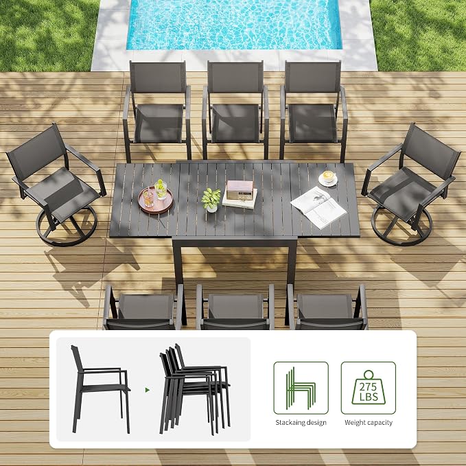 9 Piece Outdoor Dining Set, Expandable Outdoor Patio Dining Table and Swivel Chair Set, Aluminum Outdoor Table and 8 Chairs with Textilene Fabric & Armrest for Patio, Garden, Lawn(Black)
