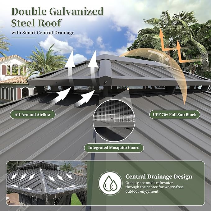 Aoxun 10'x10' Hardtop Gazebo with 4 LED Lights, Outdoor Gazebo with Galvanized Steel Double Roof, Patio Gazebo with Breathable Netting & Privacy Curtain, Decor Hooks for Backyard, Gray