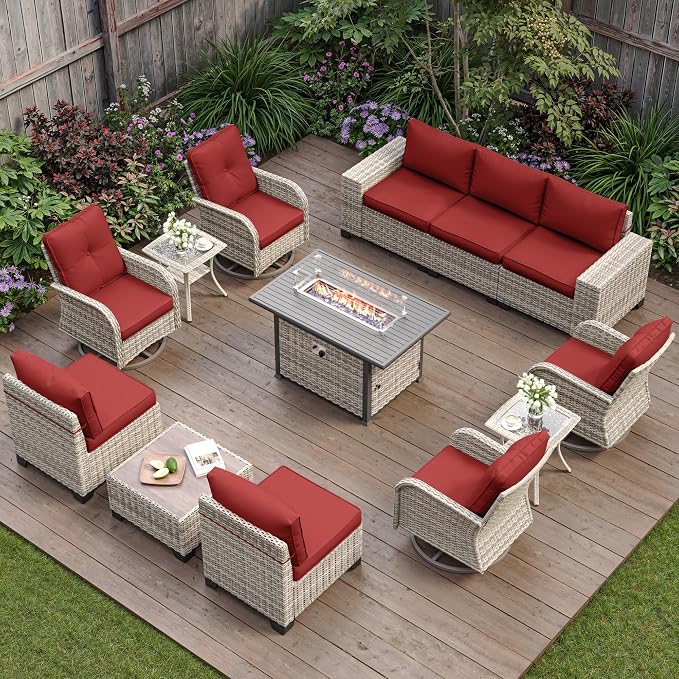 13-Piece Outdoor Patio Furniture Set with Rocking Swivel Chair, PE Wicker Rattan Sectional Sofa Patio Conversation Set with 55,000 BTU Fire Pit Table & Coffee Table, Red