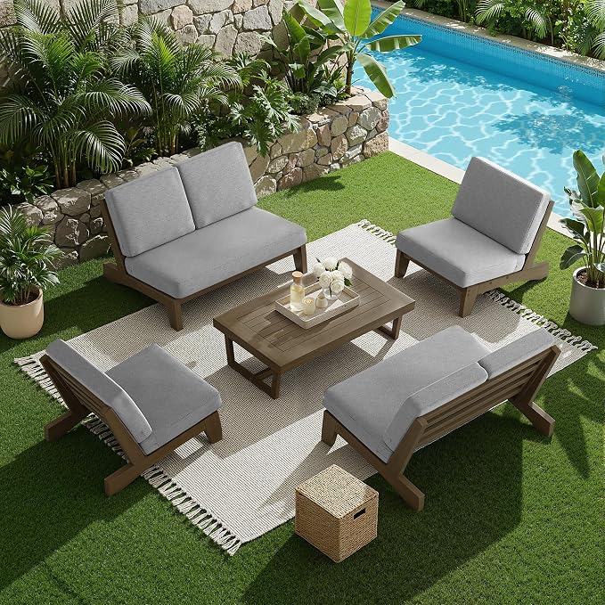 5 Pieces All Weather Wood Patio Furniture Sets, 2 Patio Loveseat, 2 Patio Bistro Chair, Outdoor Sectional Sofa Furniture Backyard Conversation Set with Coffee Table - Grey