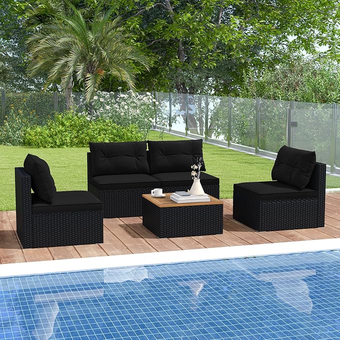 HAPPYGRILL 5 Pieces Patio Rattan Sofa Set, Outdoor Furniture Set with Seat & Back Cushions, Square Coffee Table with Acacia Wood Tabletop, Wicker Patio Conversation Set, Black