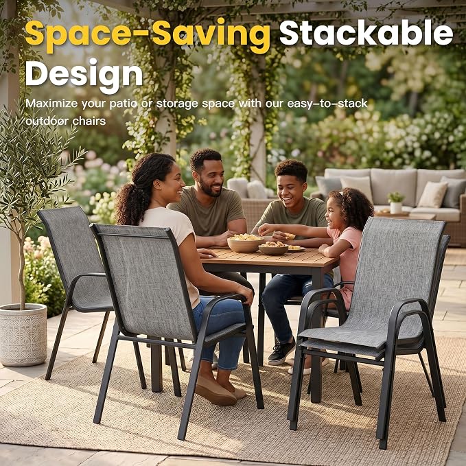 VICLLAX Patio Dining Set for 4, All Weather 5-Piece Patio Set-37.8" Square Outdoor Table and 4 Stackable Chairs for Lawn Garden and Backyard,Grey Wood Grain Tabletop