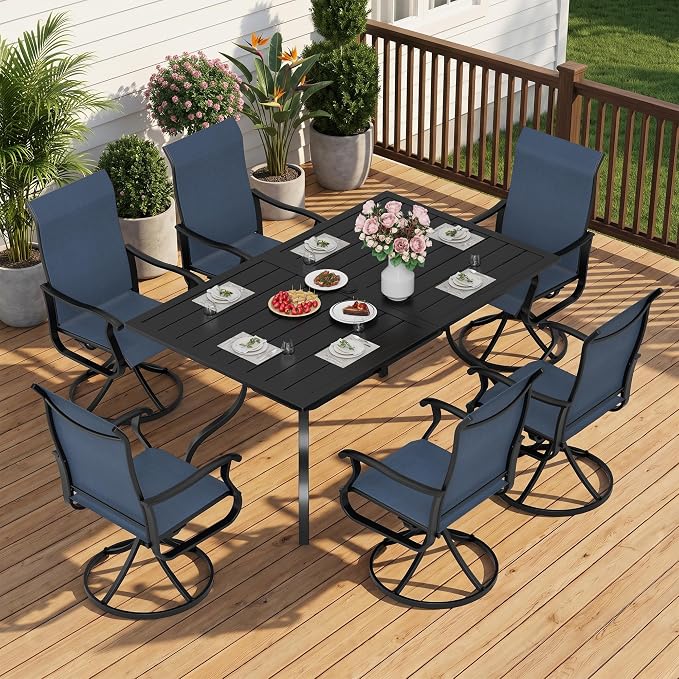 Crownland 7 Piece Furniture Patio Dining Set, 6 Swivel Metal Chairs and Rectangular Outdoor Dining Table with 1.57" Umbrella Hole, Outdoor Furniture Dining Set for Lawn, Backyard, Garden(Blue)