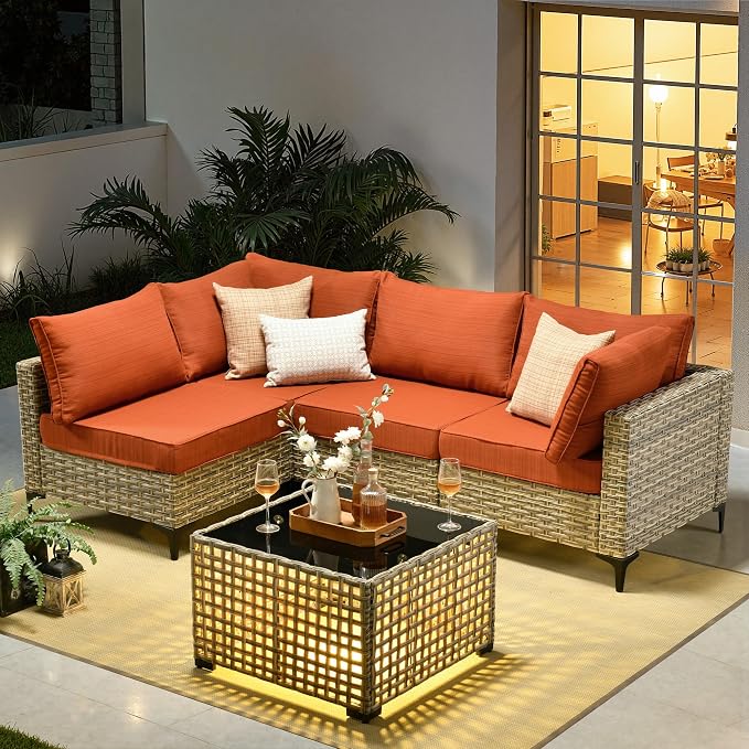 Outdoor Sectional Patio Furniture Set,5 Pieces Rattan Wicker Conversation Sets L Shaped Couch,Outside Furniture with Glowing Coffee Table,Orange Line