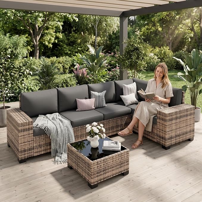 UDPATIO Patio Furniture Set L-Shaped, 8" Width Armrest Sectional Set, Al Weather PE Rattan Conversation Furniture with High Density Cushions and Coffee Table for Outdoor Backyard Porch Grey