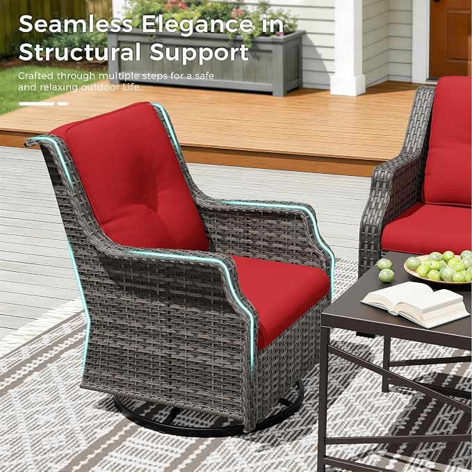 Swivel Patio Chairs Set of 2, Wicker Patio Furniture with Thick Cushions, Curved Armrest, Deep Seating, Rattan Outdoor Chairs for Porch, Deck, Balcony