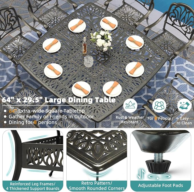 MEETWARM 9-Piece Outdoor Furniture Dining Set for 8, All Weather Cast Aluminum Patio Dining Set- Large 64" Square Table and 8 Chairs, Patio Table and Chairs Set for Garden, Umbrella Hole, Dark Bronze