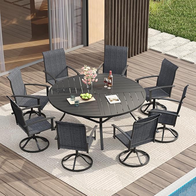 VICLLAX Outdoor Table and Chairs Set of 8, Metal Patio Dining Set-59.9" Round Dining Table and 8 Swivel Chairs for Deck, Lawn and Garden, Black Table and Chairs