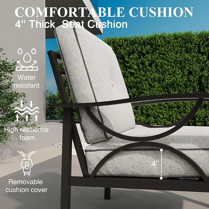 RoyalCraft Outdoor Patio Furniture Set, 4 Piece Patio Conversation Set with Coffee Table, Metal Furniture Set for Porch Backyard Garden, Black