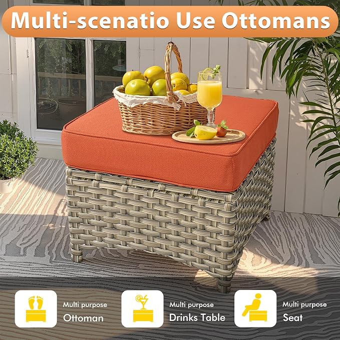 9 PCS Outdoor Patio Furniture Sets,Patio Conversation Sets Outside Rattan Soft Cushion Sofa with 2 Wicker Rocking Chairs & 54 in Fire Pit Table Fit Backyard Porch Garden Poolside Balcony,Orange Red