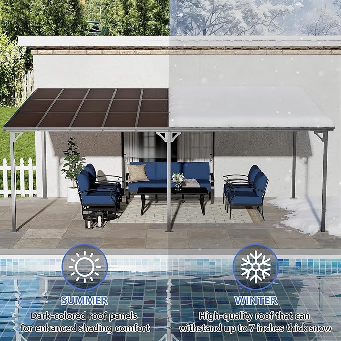 12' x 20' Lean to Gazeb,Hardtop Galvanized Steel Pergola with Sloped Polycarbonate Roof,Wall Mounted Gazebo Patio Canopy with Ground Anchor for Backyard Deck