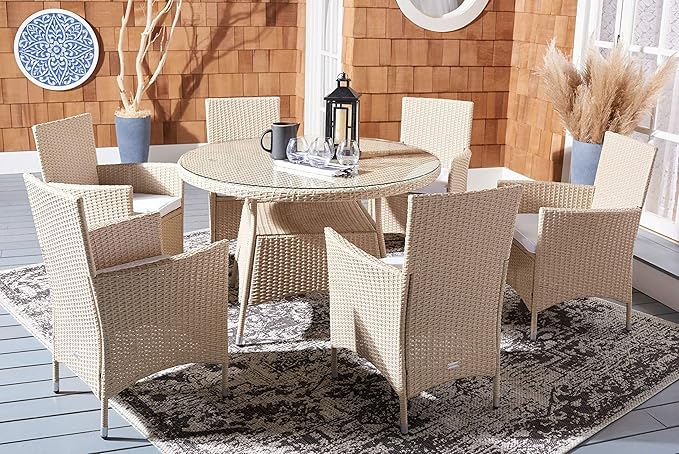 SAFAVIEH Outdoor Collection Challe Beige/White Dining Set PAT7702B-3BX