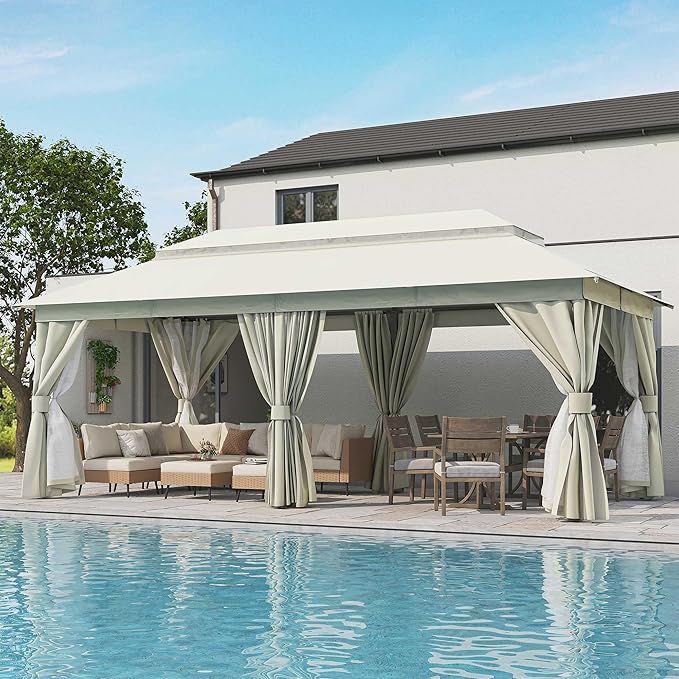 LAUSAINT HOME Patio Gazebo 10'x20', Outdoor Heavy Duty Party Tent Shelter with Double Roofs, Mosquito Nettings and Privacy Screens for Backyard, Garden, Lawn, Cream White