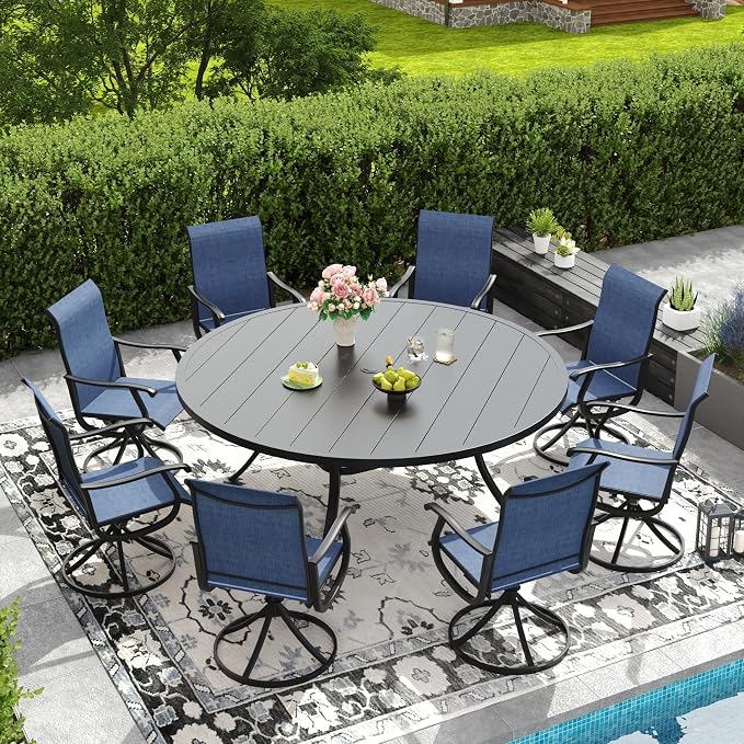 DIFY Outdoor Dining Set for 8, 9 Piece Patio Table and Chairs Set, Swivel Patio Dining Chairs with Blue Textilene & 63" Black Round Metal Dining Table with Umbrella Hole, for Garden Backyard Deck