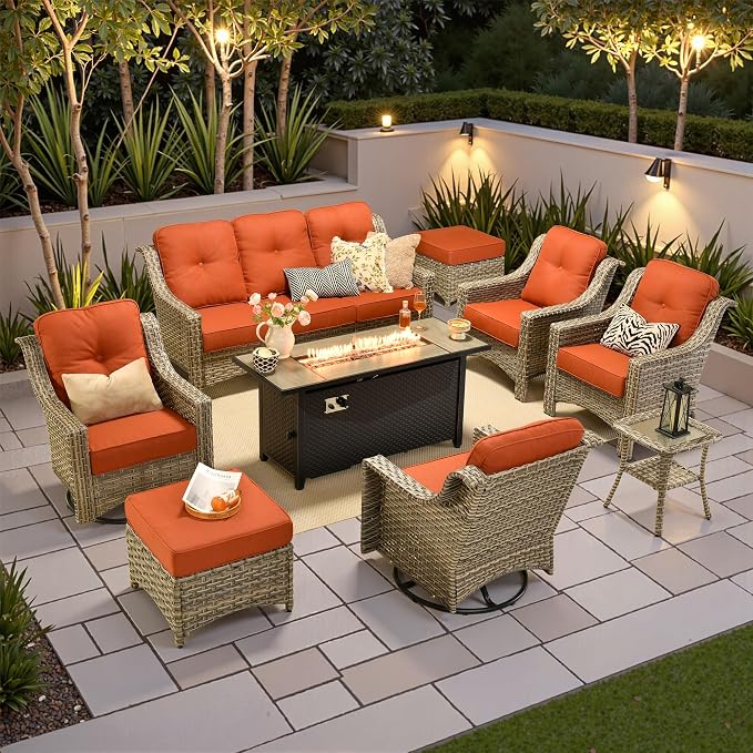 9 PCS Outdoor Patio Furniture Sets,Patio Conversation Sets Outside Rattan Soft Cushion Sofa with 2 Wicker Rocking Chairs & 54 in Fire Pit Table Fit Backyard Porch Garden Poolside Balcony,Orange Red
