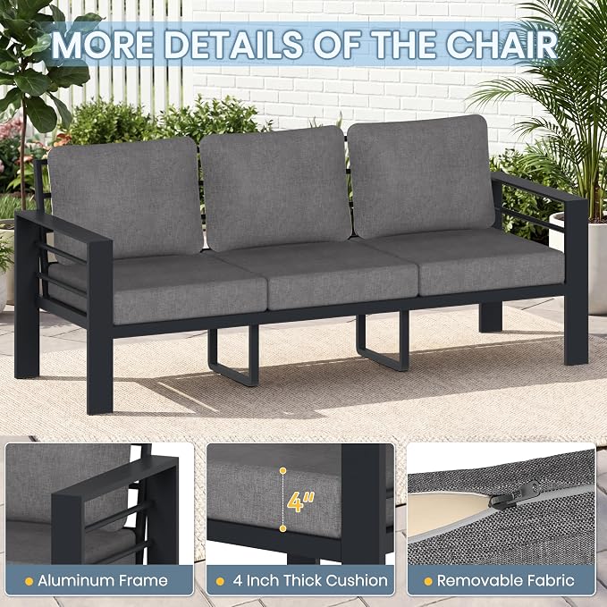 3-Seater Outdoor Patio Sofa, Metal Outdoor Couch with 3.54” Wide Seat and Thick Cushions, Modern Heavy Duty Patio Furniture for Backyard, Garden and Deck