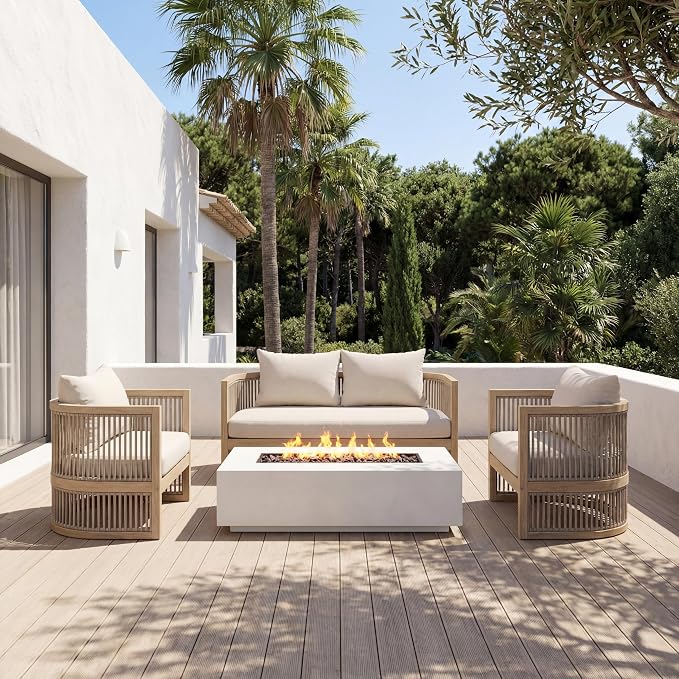 Christopher Knight Home 4-Piece Acacia Wood Patio Furniture Set, Mid-Century Modern Outdoor Conversation Set with Loveseat, Curved Club Chairs, Cushions & MgO Fire Pit for Backyard, Light Teak+White
