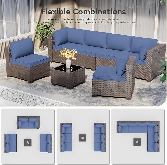 Patio Furniture Set with Fire Pit Table 11 Pieces Wide PE Rattan Patio Conversation Set,Swivel Chair Sofa Set Outdoor Sectional Furniture w/43in 55000 BTU Propane Fire Pit Table,NavyBlue