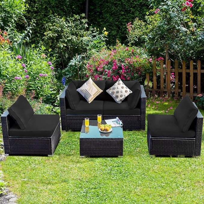 HAPPYGRILL 5 PCS Patio Furniture Set Outdoor Rattan Wicker Sofa Set with Coffee Table Sectional Sofa Conversation Set with Pillows Cushions for Backyard Porch Garden Poolside