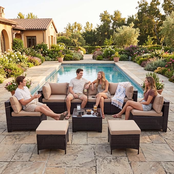 CHABATREE 7-Piece Outdoor Patio Furniture Sets, Manual Weaving Rattan Conversation Sectional Sofa with Tempered Glass Coffee Table, All-Weather PE Wicker & Thick Cushions for Garden, Backyard, Porch
