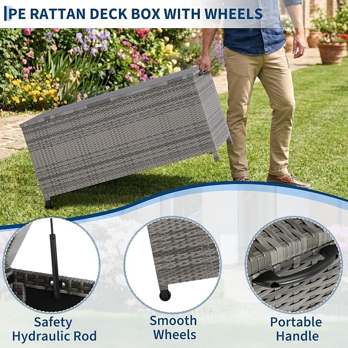Litake Large 125 Gallon Outdoor Deck Storage Box with Wheels & Handles – Heavy Duty Waterproof PE Rattan Chest – Weatherproof Patio, Garden, Poolside Organizer – Grey