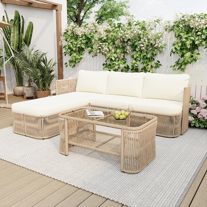 VilroCaz Outdoor PE Rattan Patio Furniture Sectional Sofa Set with Iron Frame, All-Weather Beige Wicker Conversation Set with Thick Cushions and Coffee Table for Garden Backyard Balcony