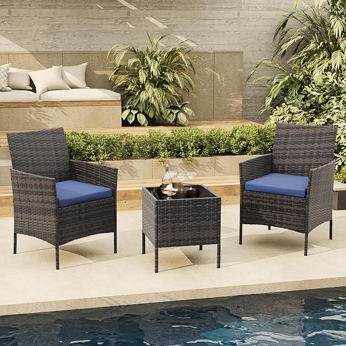 3-Piece Outdoor Patio Bistro Set – Brown Rattan Wicker, Blue Cushions, Tempered Glass Table – Space-Saving for Balcony, Yard, Porch – Brown Gradient Four-Line Rattan + Blue Cushion