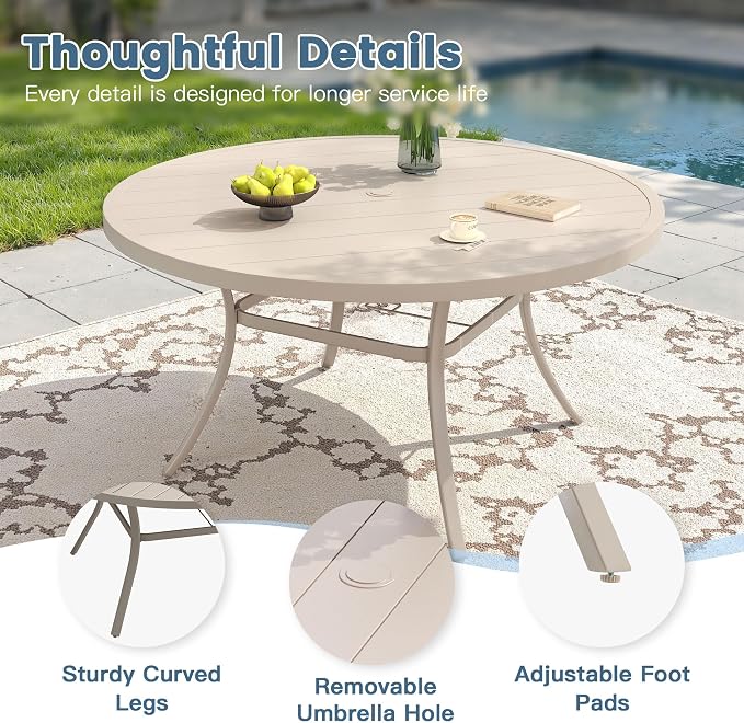 DIFY 11 Piece Outdoor Patio Dining Set for 10, Patio Table and Chairs Set with Umbrella Hole, 60" Round Dining Table and Stackable Metal Chairs for Backyard Garden Poolside, Sandshell