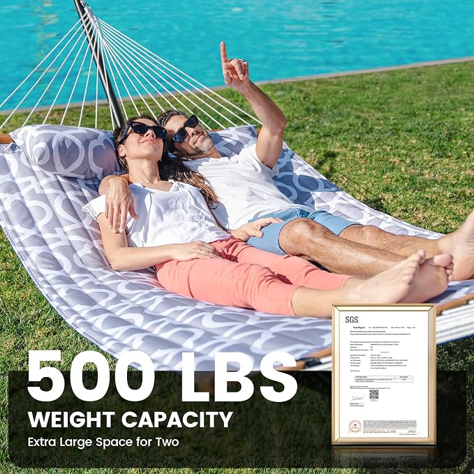 ANAGOO Double Hammock with Stand, Heavy Duty Outdoor Hammock for Two, 500 LBS Capacity, Stable Steel Frame with Balance Strap, Easy Tool-Free Assembly for Patio, Garden, Backyard & Beach,White Grey