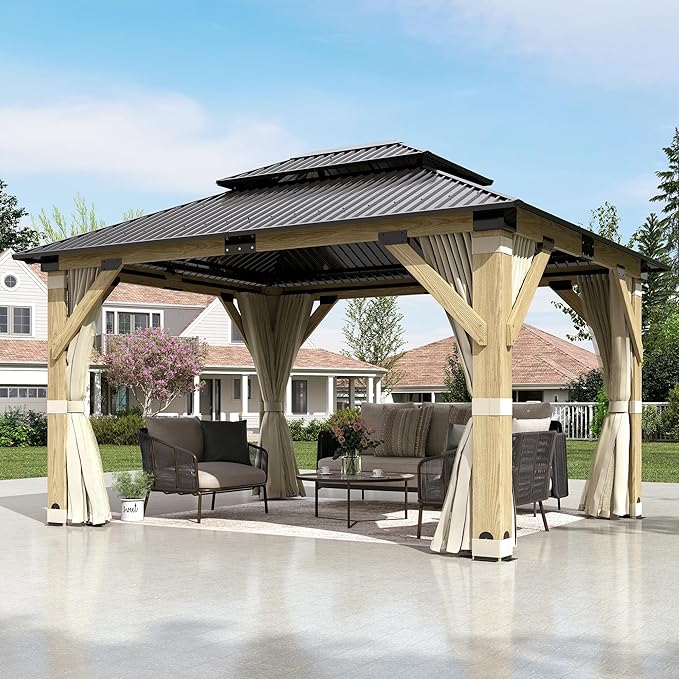 11'x13' Wood Gazebo,Outdoor Hardtop Gazebo with Galvanized Steel Doule Roof, Wooden Frame Gazebo with Netting and Curtains for Patio Backyard Deck