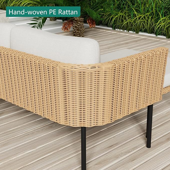 DECMICO 3-Piece Patio Furniture Set, L-Shaped Outdoor Sectional Sofa with Thick Cushions, All-Weather Rattan Conversation Set, Boho Style Detachable 3-Seater Lounger (Beige)
