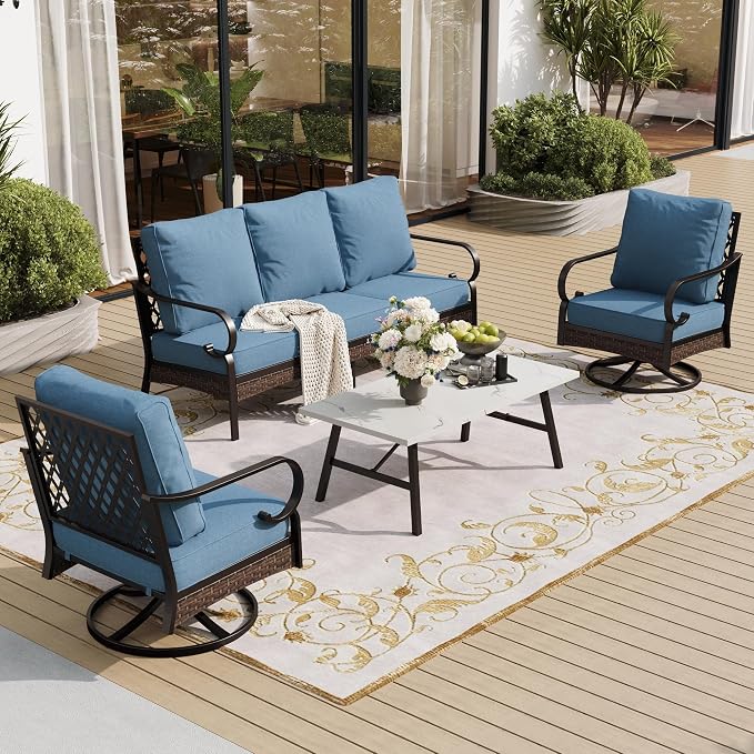 SUNSHINE VALLEY 5 PCS Metal Outdoor Patio Furniture Set, Patio Conversation Sets 1 3-Seater Sofa, 2 Swivel Chairs with 5.75" Extra Thick Cushion & Coffee Table, Black Backyard Furniture, Denim Blue