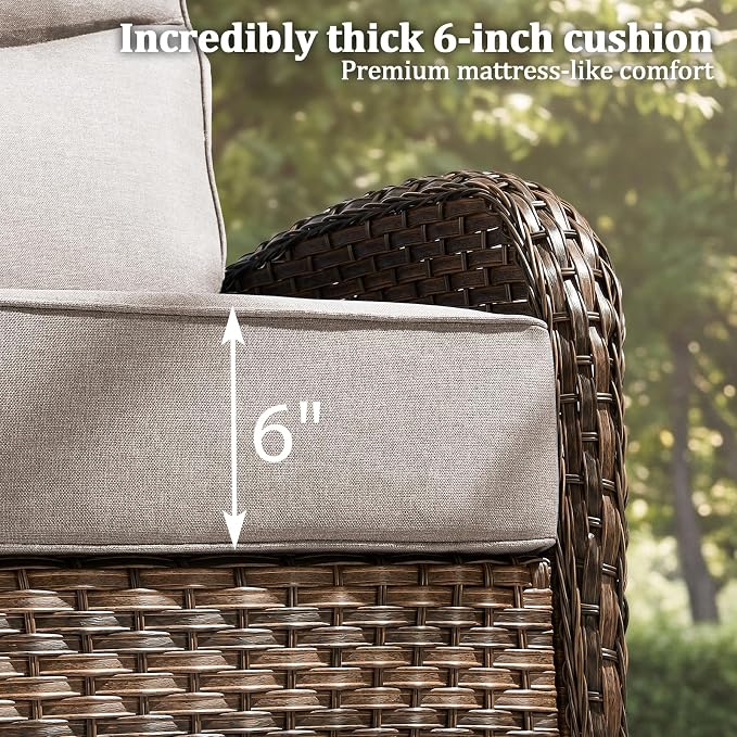 Outdoor Swivel Rocking Chair Patio Set (9pcs) High-Back - Thick Cushion Swivel Rocking Chair Patio with Fire Table Set, All-Weather Wicker Patio Furniture Set, Suitable for Balcony Patios, Brown/Beige