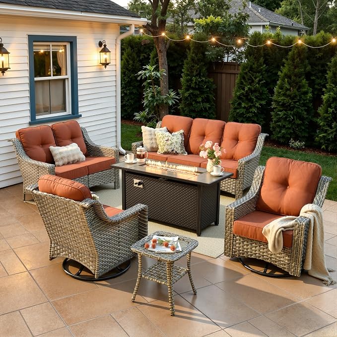 6 Piece Patio Furniture Set with Fire Pit Table, Conversation Sets with High Back Swivel Rocker Chairs, Outdoor Wicker Sofa Loveseat with Comfy Cushion for Backyard Deck Garden, Bold Orange