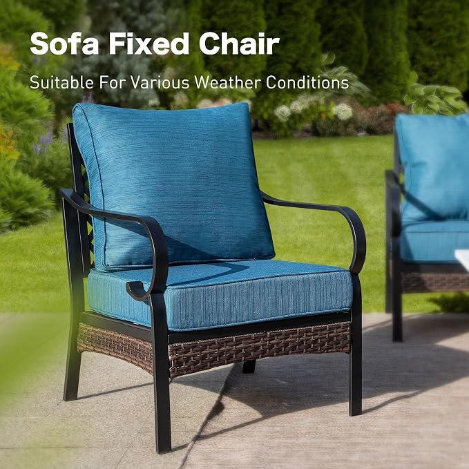 SUNSHINE VALLEY 6 Piece Metal Outdoor Patio Furniture Set, Patio Conversation Sets with 3-seater Couch, 4 Single Sofa (5.75" Extra Thick Cushion) & Coffee Table, Black Frame Backyard Furniture, Blue-2