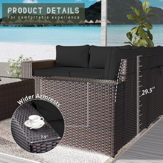 7 PCS Outdoor Patio Furniture Set,Outdoor Sectional Furniture with 43" 55000 BTU Gas Propane Fire Pit Table,All Weather PE Rattan Wicker Patio Conversation Set,Black