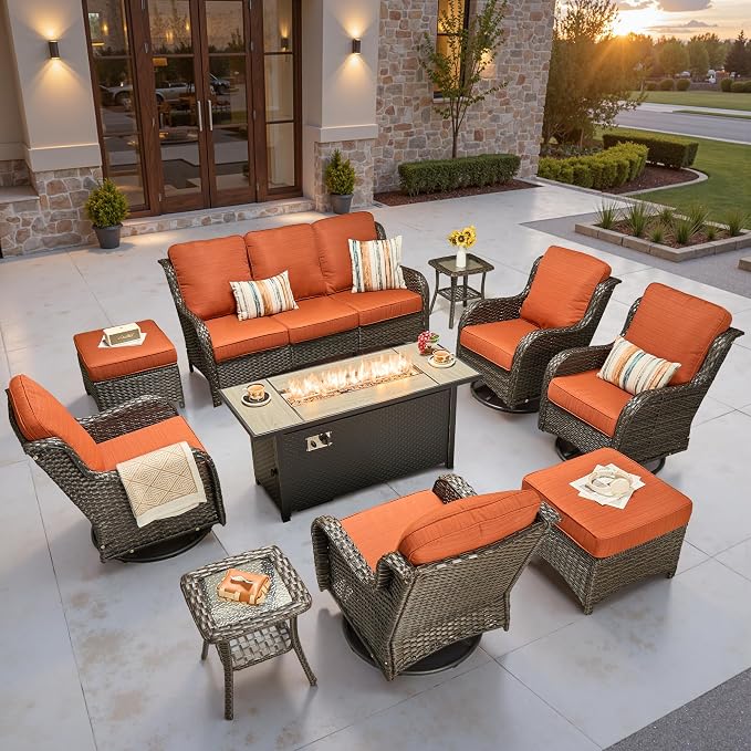 ovios 10-Piece Patio Furniture Set with Swivel Chairs Side Table, Outdoor Wicker Sofa with 54" Fire Pit Table, High Back Couch Modern Conversation Sets, Brown/Orange Red