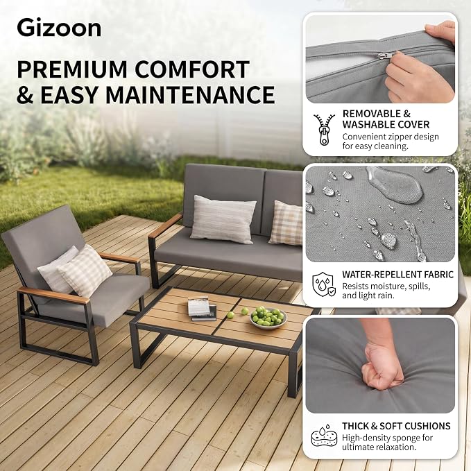 Gizoon 4-Piece Outdoor Patio Furniture Set with Coffee Table and Removable Cushions, Metal Patio Conversation Set for Family, Yard, Poolside (Gray)