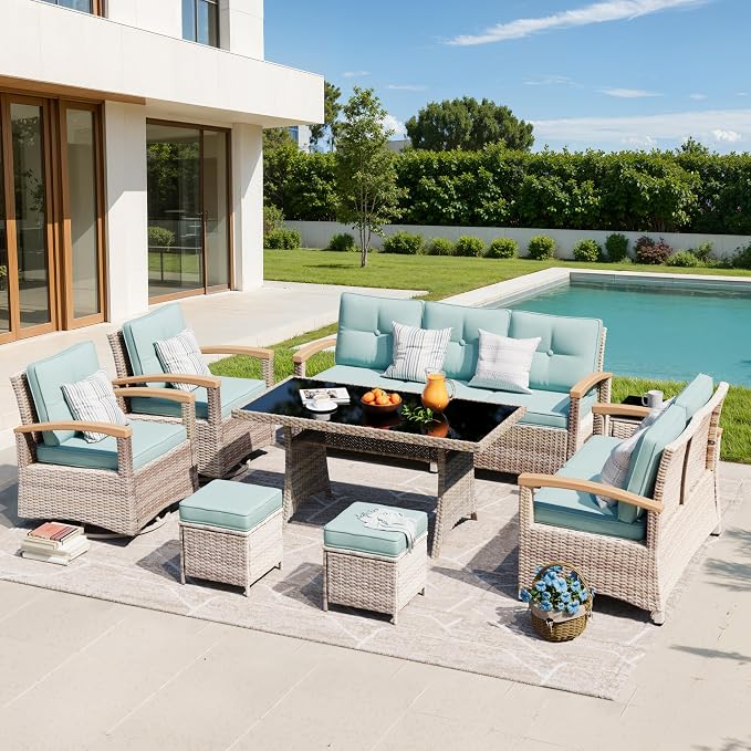 MEISSALIVVE 8 Pieces Patio Furniture Sets, PE Wicker Outdoor Conversation Sets with 2 Wood Armrests Swivel Rocker Chairs, 2 Ottomans, 2 Sofa and Dining Table (Blue)